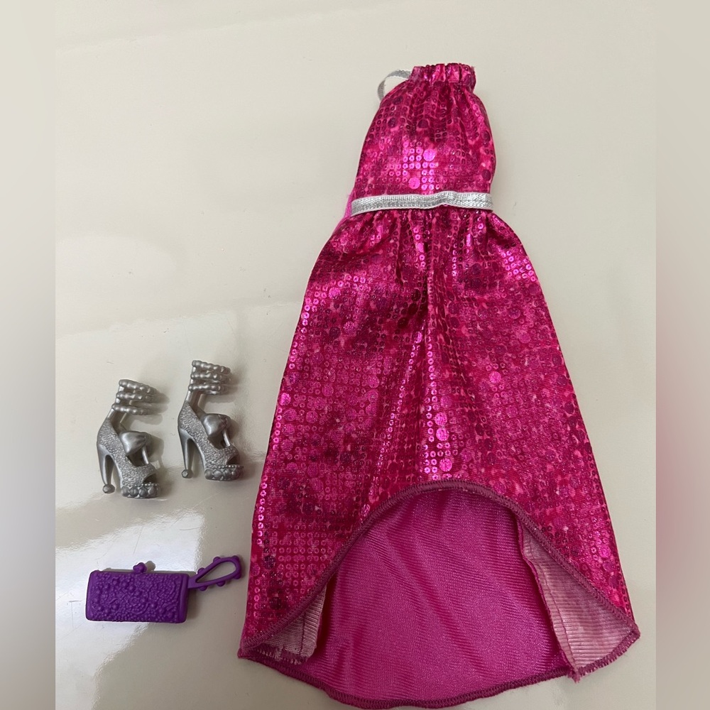 Barbie or any 12” Doll 3 pc Outfit Pink Long Dress, Silver Shoes & Pocketbook